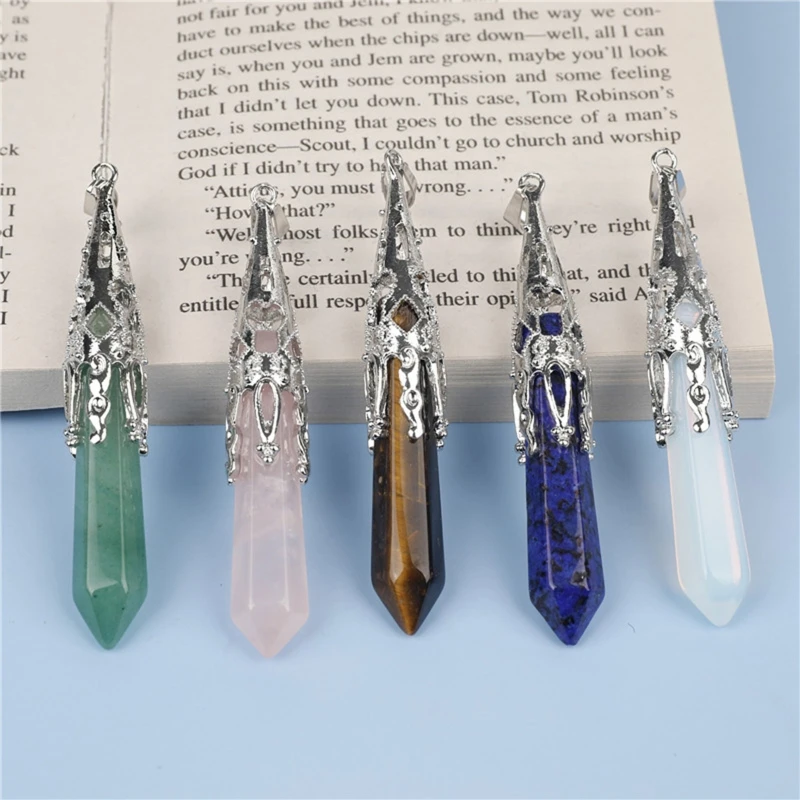 Bullet Shape Hexagonal Pillar Stone Gemstone Pendant Charm Ornament for Necklace Making Healing Pointed Chakra Pendants Meditati