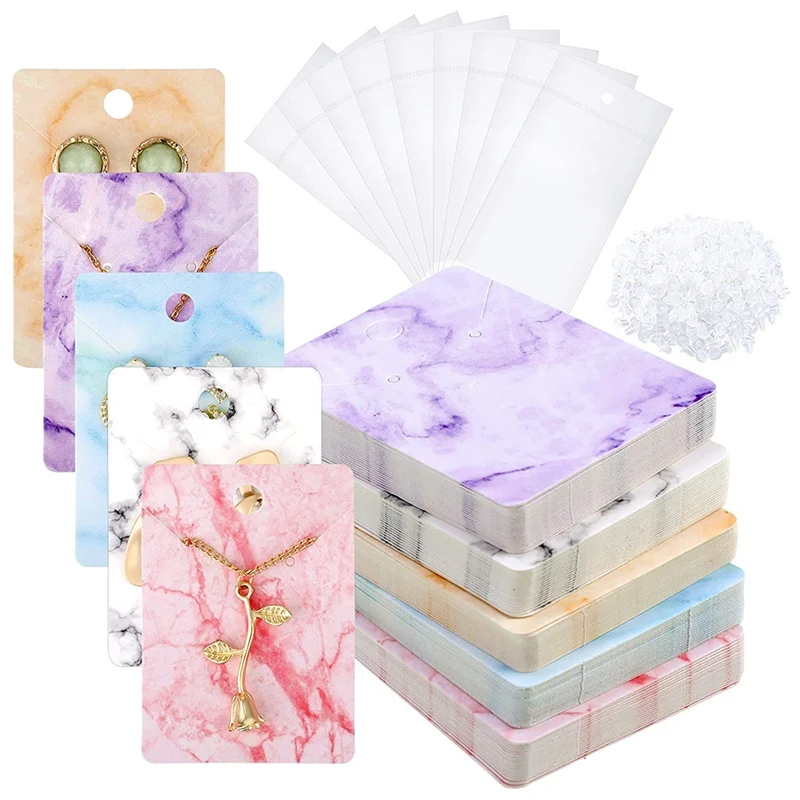 

900Pcs Marble Earrings Necklace Display Card Holder Set,Zipper Closure Bags And Earring Backs,For Jewelry Display