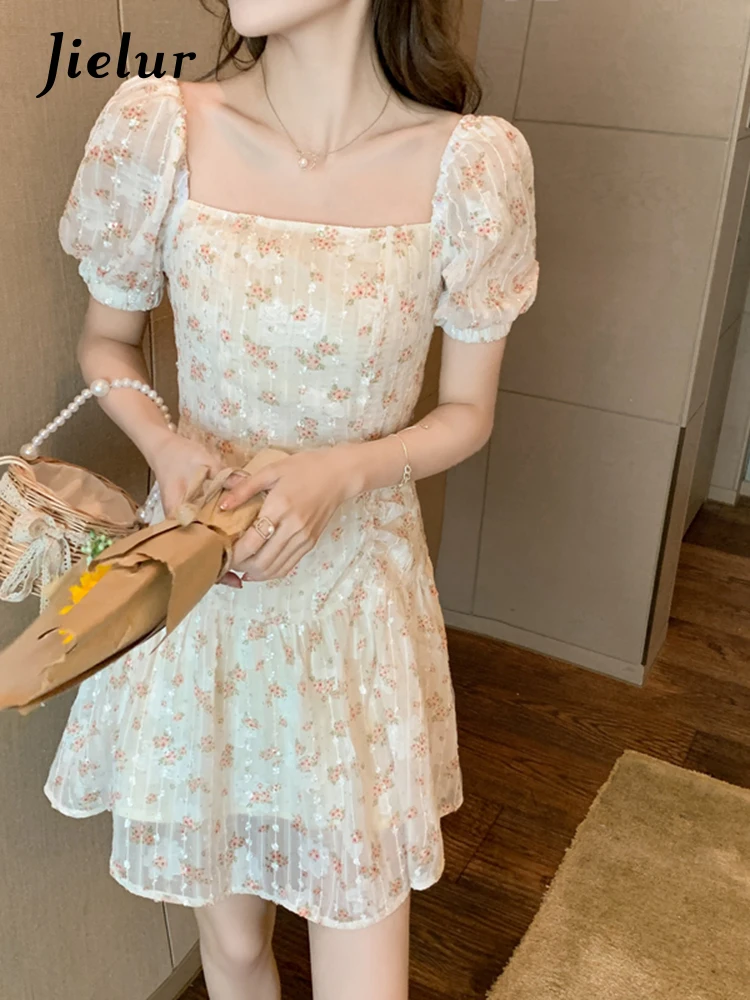 

Jielur Летнее Новое Сексуальное Женское Платье с цветочным принтом милое приталенное шифоновое платье женское модное элегантное платье абрикосового цвета для женщин