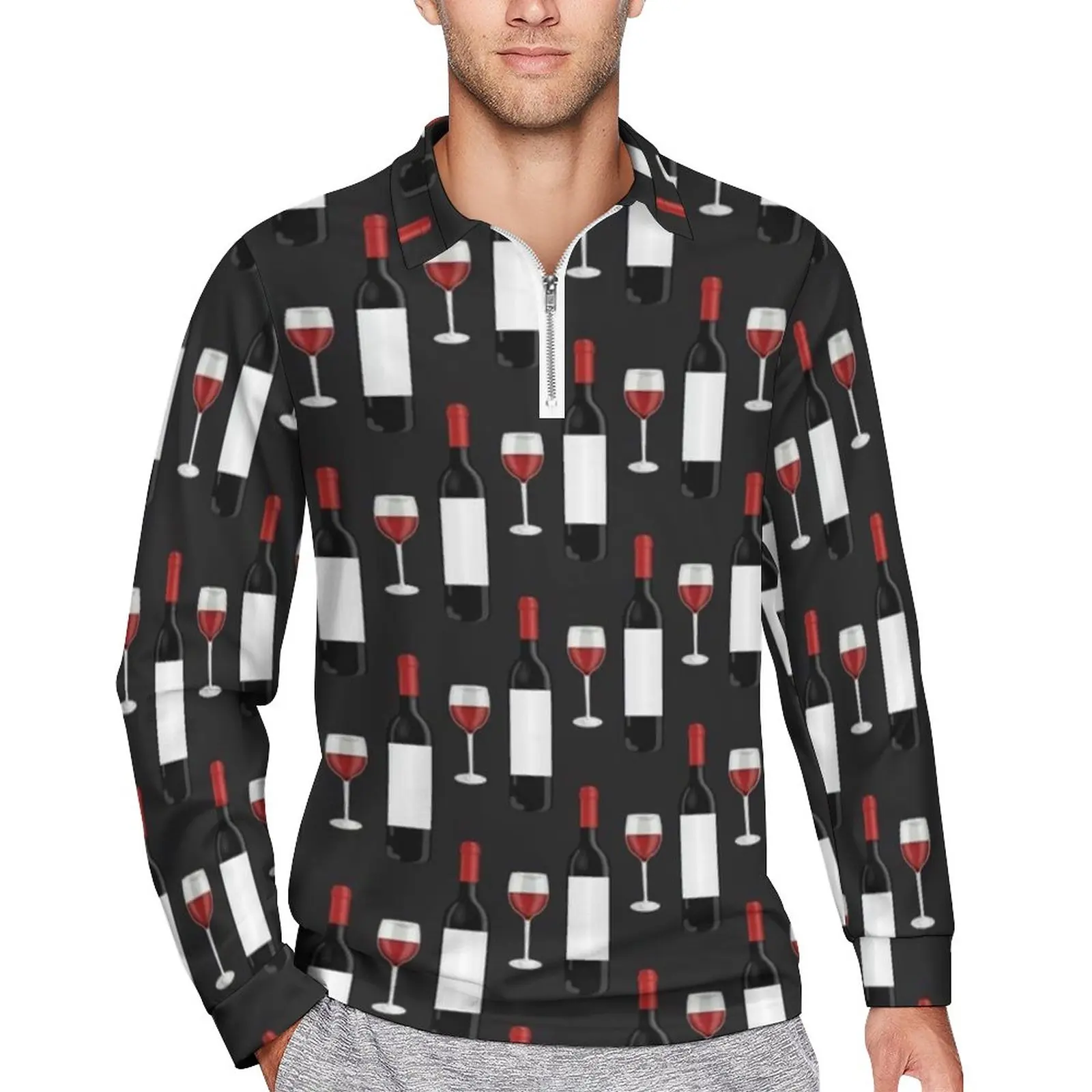

Wine Pattern Loose Polo Shirts Man Red Wine Print Long-Sleeved Casual T-Shirts Novelty Autumn Graphic Shirt Plus Size