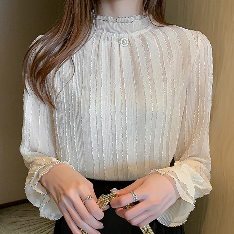 

Осенняя женская шифоновая кружевная блузка с воротником-стойкой, рубашка, топы с длинным рукавом, блузка для женщин, модные женские блузки 2022, женские блузки