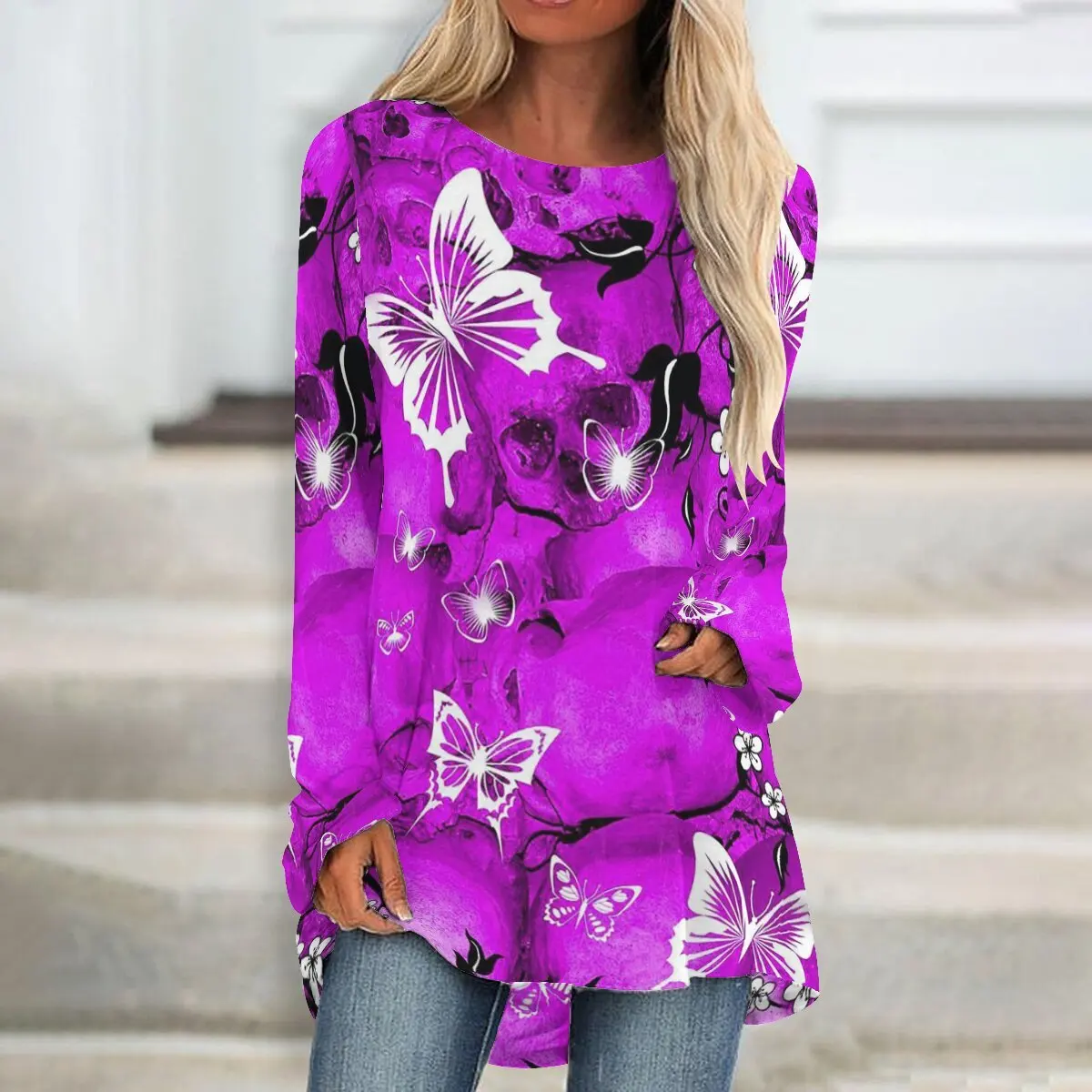 

SNAKE YX XXS-10XL Plus Size Women's Autumn Butterfly Print Round Neck Casual Loose Long Sleeve Top