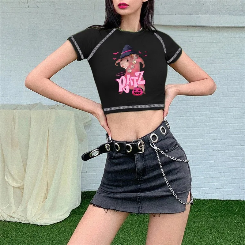 Y2K Женская одежда с розовой мышью футболка надписью топы облегающая летняя