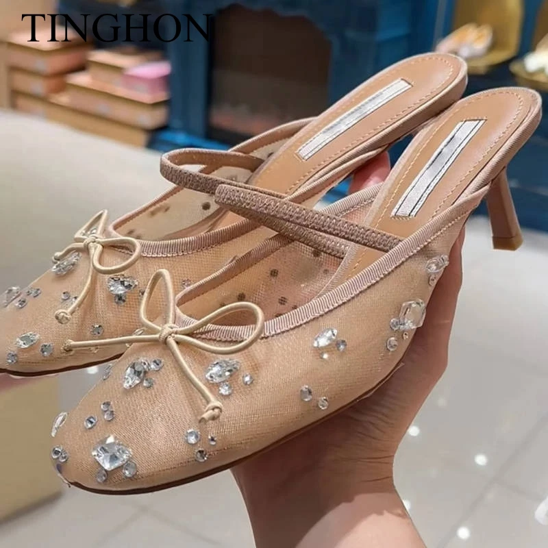 Фото Элегантные босоножки TINGHON с сетчатым верхом и стразами, на высоком каблуке, с одним ремешком, в стиле ретро, летние, без застежек №5