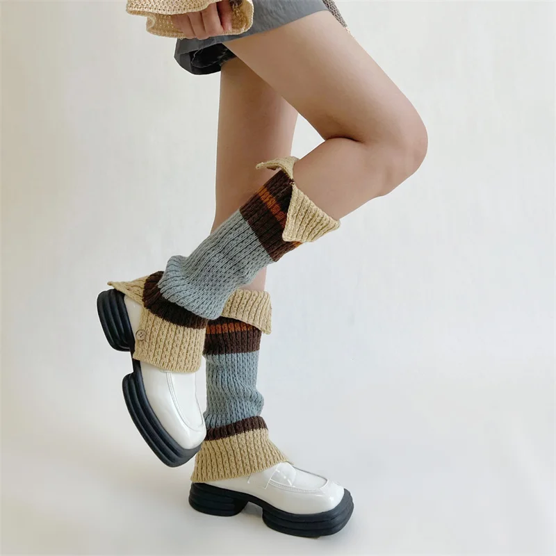 

Новинка, Зимние гетры в стиле ретро с пуговицами, американские длинные вязаные шерстяные носки Y2K в стиле Харадзюку для девушек в японском стиле, контрастных цветов