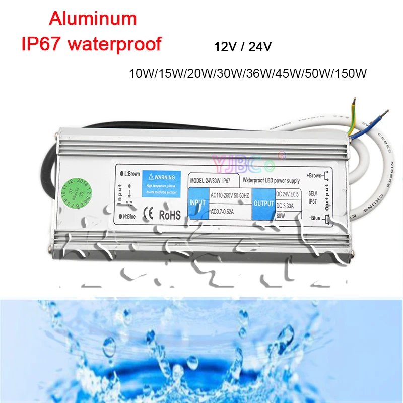 12V 24V Power Supply Waterproof IP67 Driver AC 100-240V to DC 12V 24V 15W/20W/30W/36W/45W/50W/150W LED Strip transformer