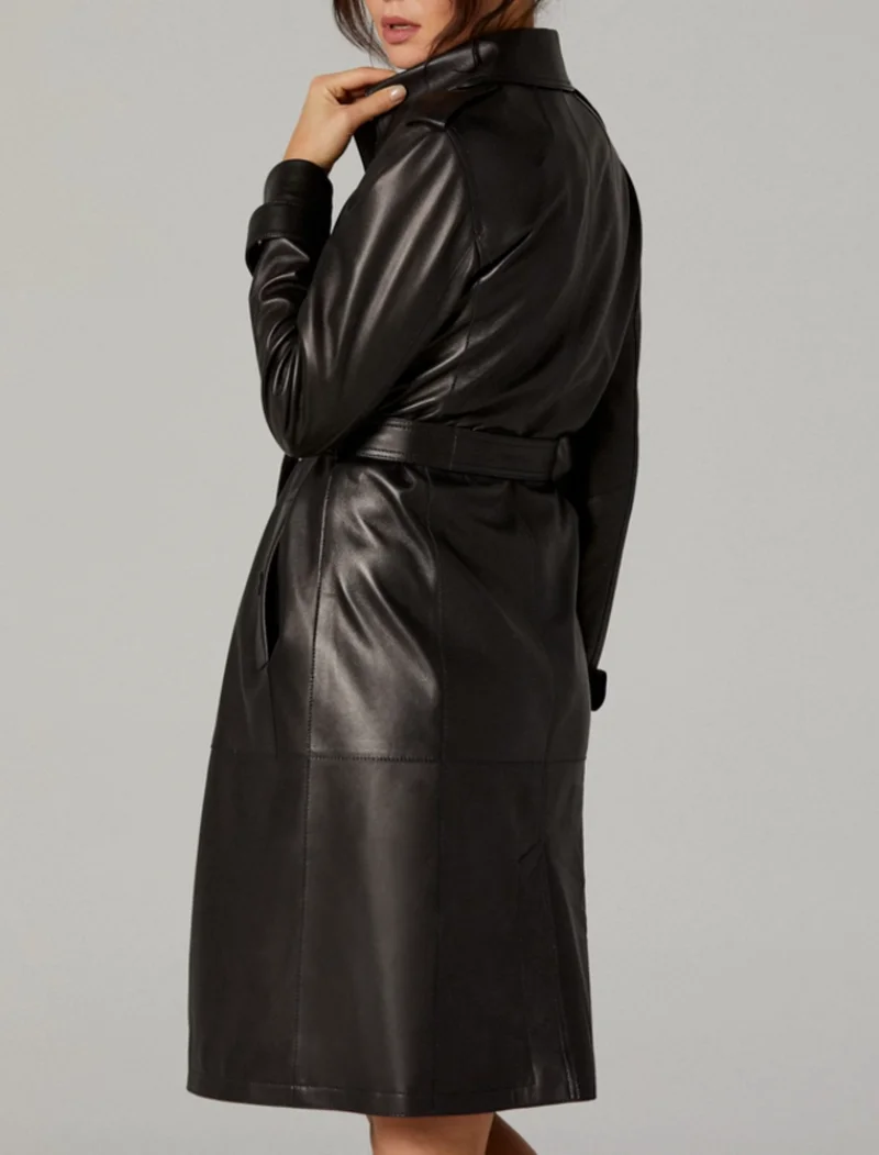 Women Leather Trench Coat Women Black Buttoned Knee Length Warm Coat Christmas