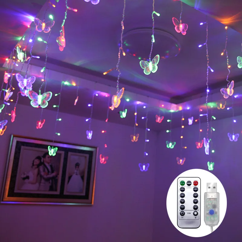 

3X1M Butterfly LED Curtain Lights Fairy String Light 128LED USB Remote Controlled String Lights For Party Christmas Home Decor