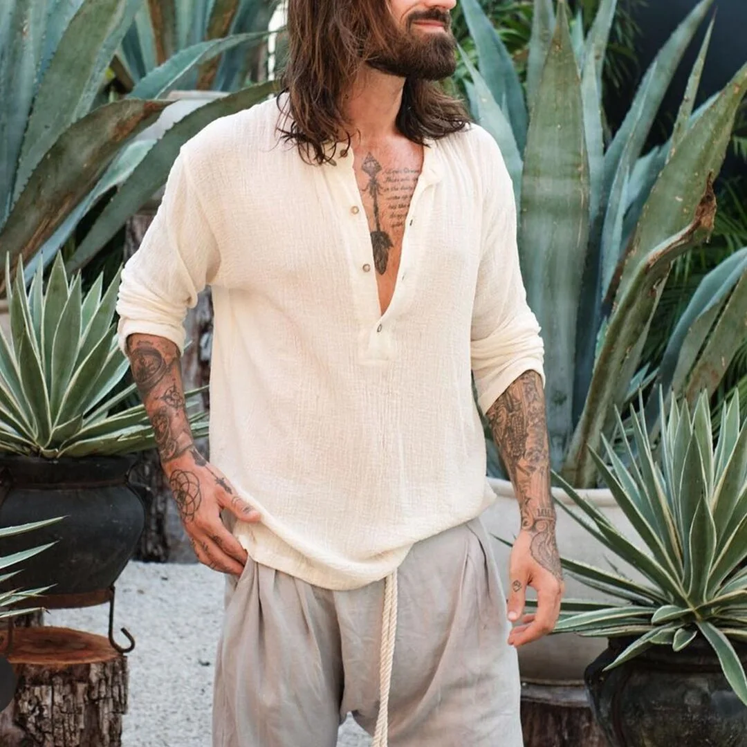 New 100% Cotton Linen Hot Sale Men's Long Sleeve Shirts Summer Solid Color Stand Collar Casual Half Open Collar Men's Shirts