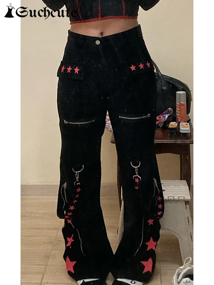 SUCHCUTE Gothic Bandage Jeans Women Dark Academic Low Waist Wide Leg Pant Harajuku Vintage Emo Hip Hop Denim Trousers Punk Style