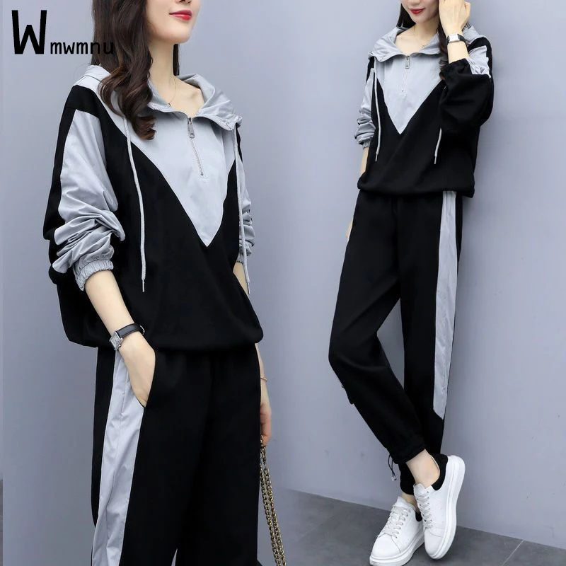 

Oversized 4XL Casual Spliced Hooded Sports Suits Women Design Full Sleeve Sweatshirt and Jogging Pants Outfits Two Piece Sets