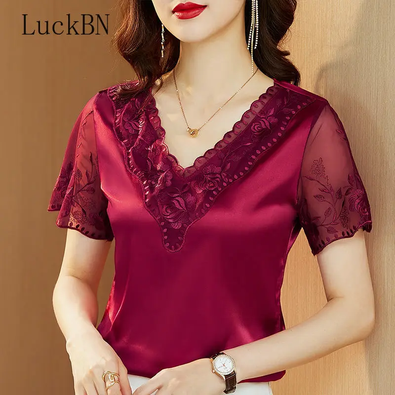 Летняя блузка рубашка 2022 новые модные атласные кружевные топы с коротким рукавом