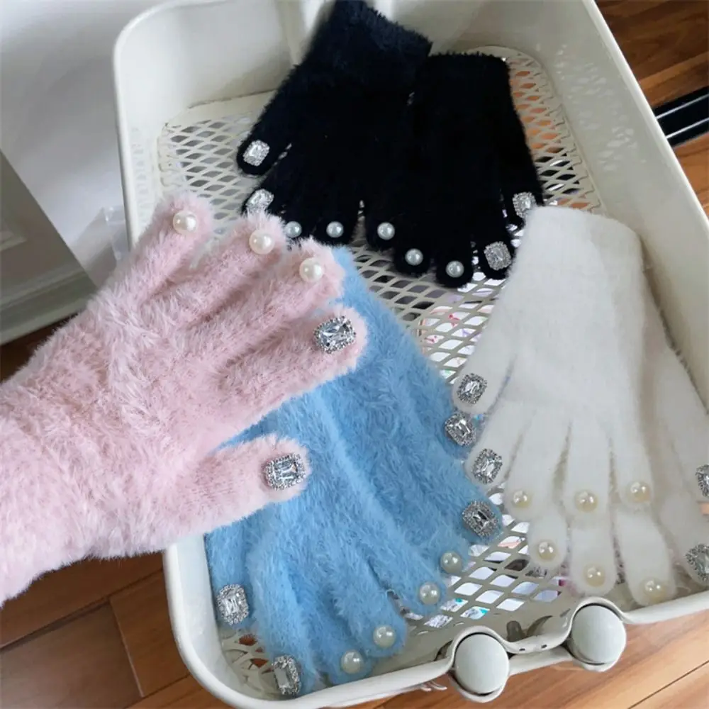 

Изысканные перчатки для девушек с искусственным жемчугом, плюшевые перчатки, зимние теплые перчатки, вязаные шерстяные митенки