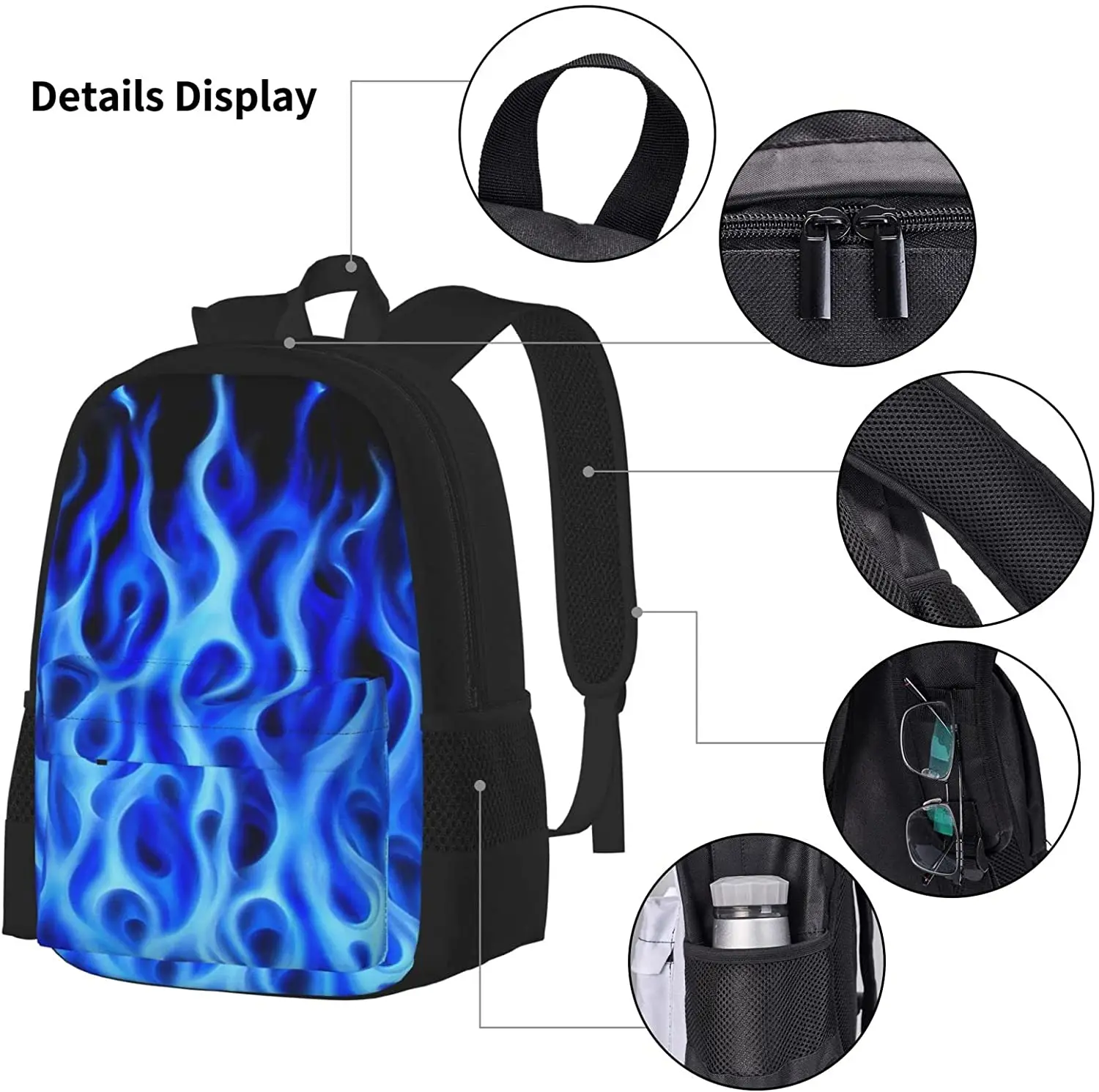 Blue Flame Fire Patriotic Premium Schoolbag Travel Bag Casual Daypack Lunch Bag Pencil Case for Boys Teens Girls 3pcs Sets