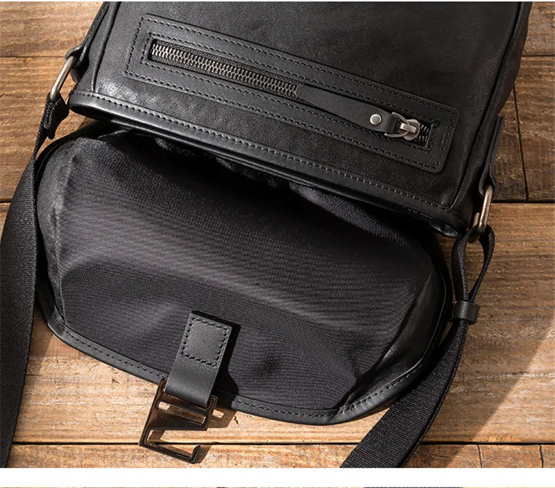 Simple, casual and high-quality natural genuine leather men black handbag outdoor organizer soft cowhide messenger shoulder bag