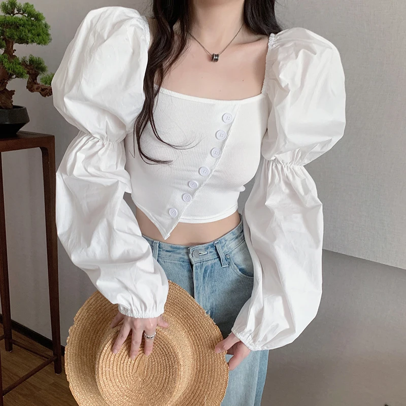 

Korean Chic Fashion Puff Long Sleeve Design Blouse For Women Knitted Splicing Slim Fit Sexy Short Top Blusas Autumn 2023 New