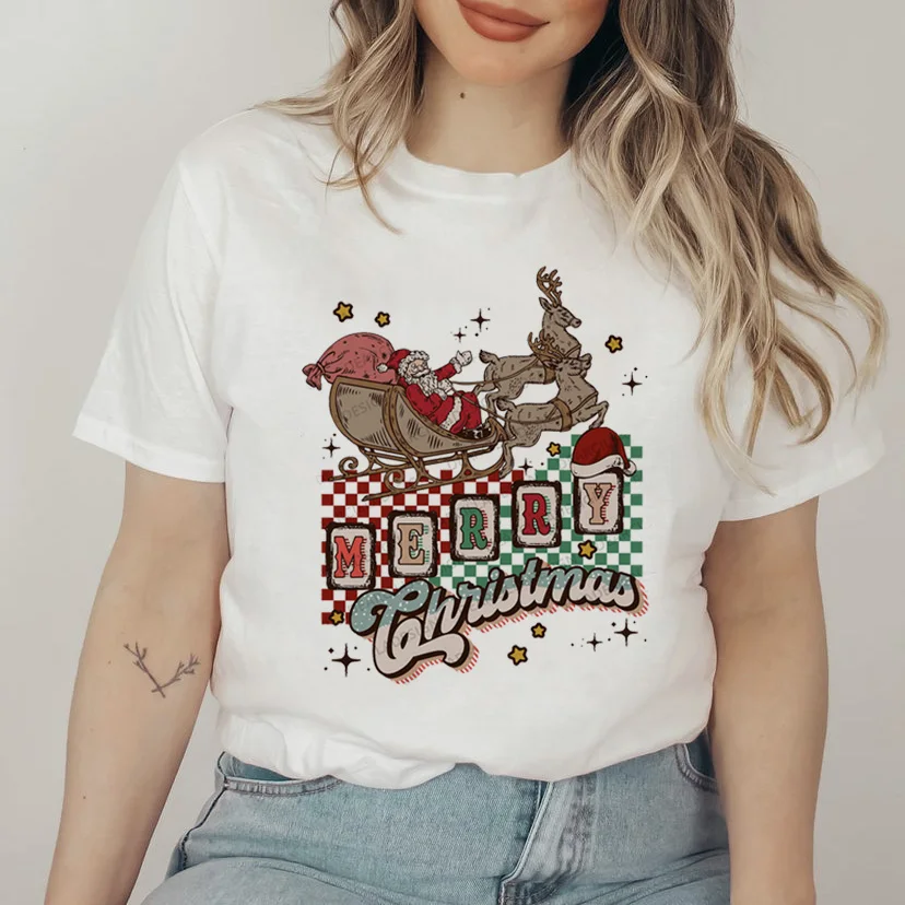 

Fashion Christmas Simple Print Women's New Year T-shirt Top Party Pattern T-shirt Holiday Party T-shirt Women's White T-shirt.