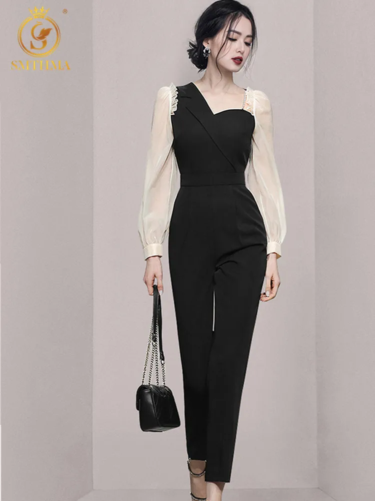 SMTHMA New Fashion Women Spring Jumpsuits Ladies Lantern Long Sleeve Black Rompers Female Office Lady Playsuits