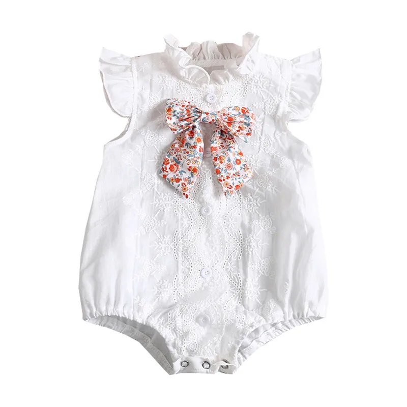 

Infant Lace Embroidery Bodysuits Summer Casual Sweet Ruffle Sleeve Round Neck Romper with Floral Bow Baby Girls Clothing 0-24M
