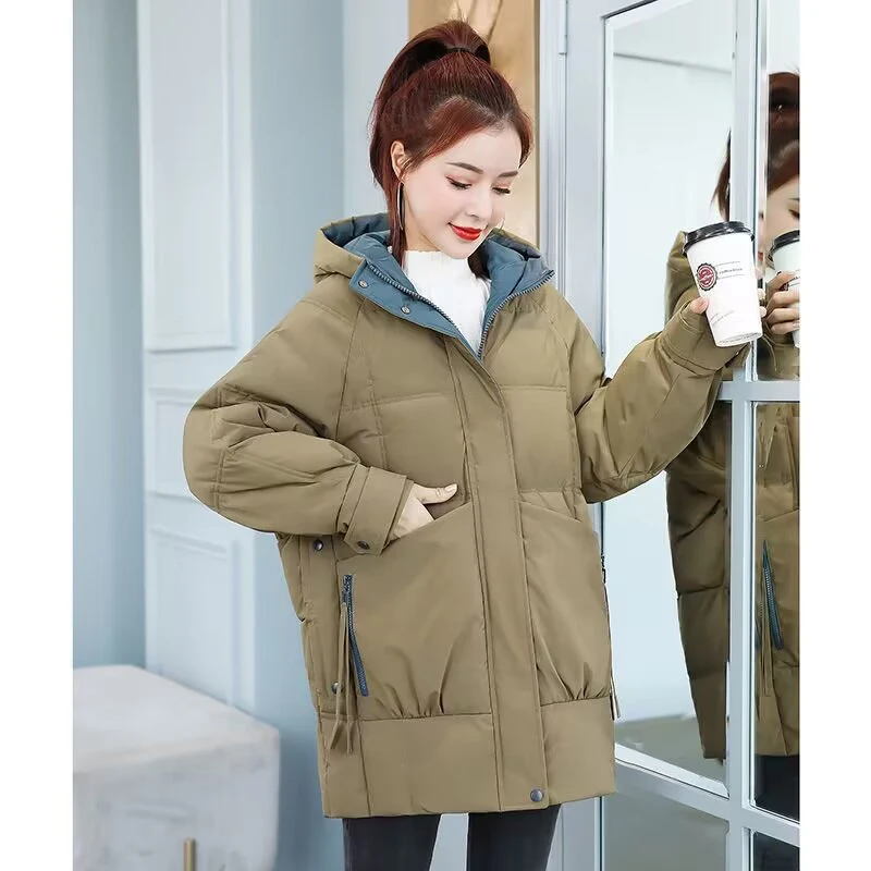 Winter cotton padded jacket Women's fashion Korean version loose thickened warm coat hooded windproof large pocket jacket