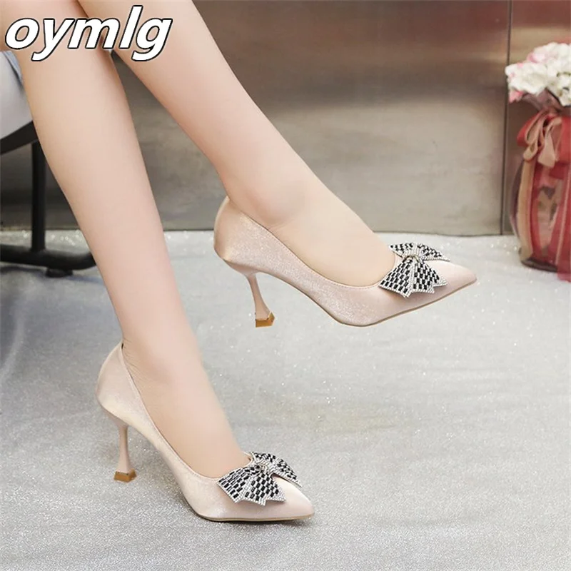 

2022 new single shoes high heels bow rhinestone women's shoes sandals satin stiletto heels high heels sexy