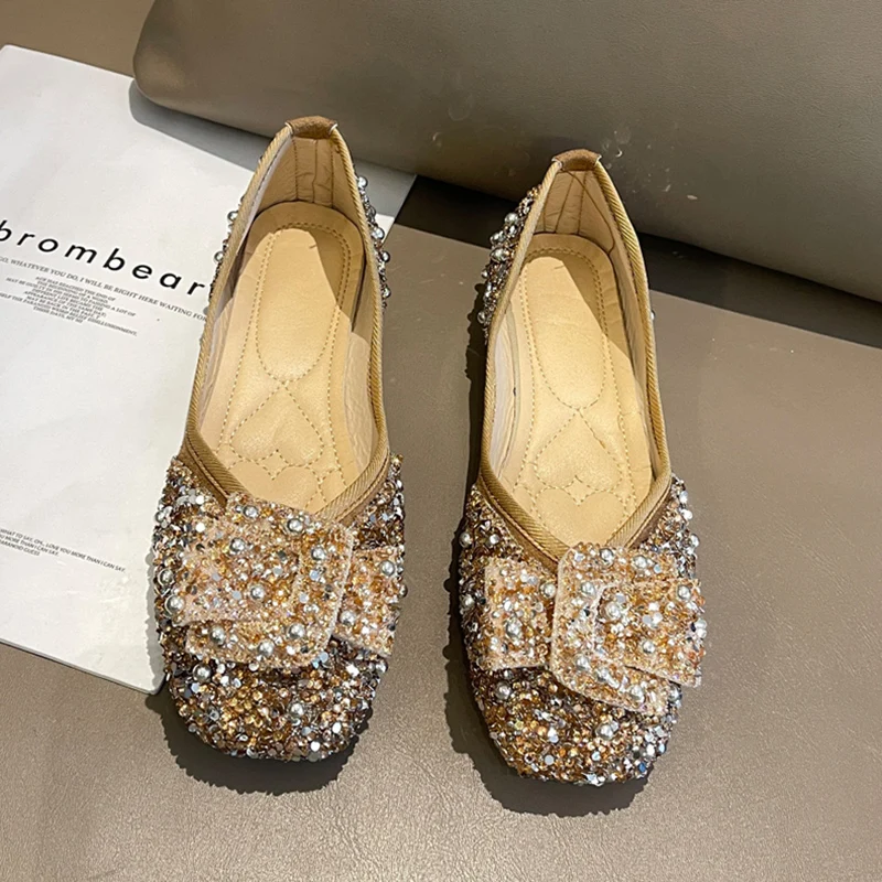 

Rimocy Gold Silver Rhinestones Flats Women Soft Comfortable Slip on Single Shoes Woman 2022 Summer Ladies Luxury Crystal Loafers