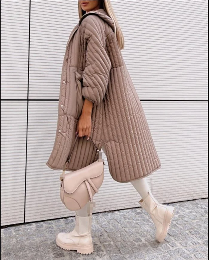Down Jacket Female Autumn Winter 2022 Casual Fashion Plain Long Sleeve Side Slit Button Front Daily Hooded Long Puffer Coat