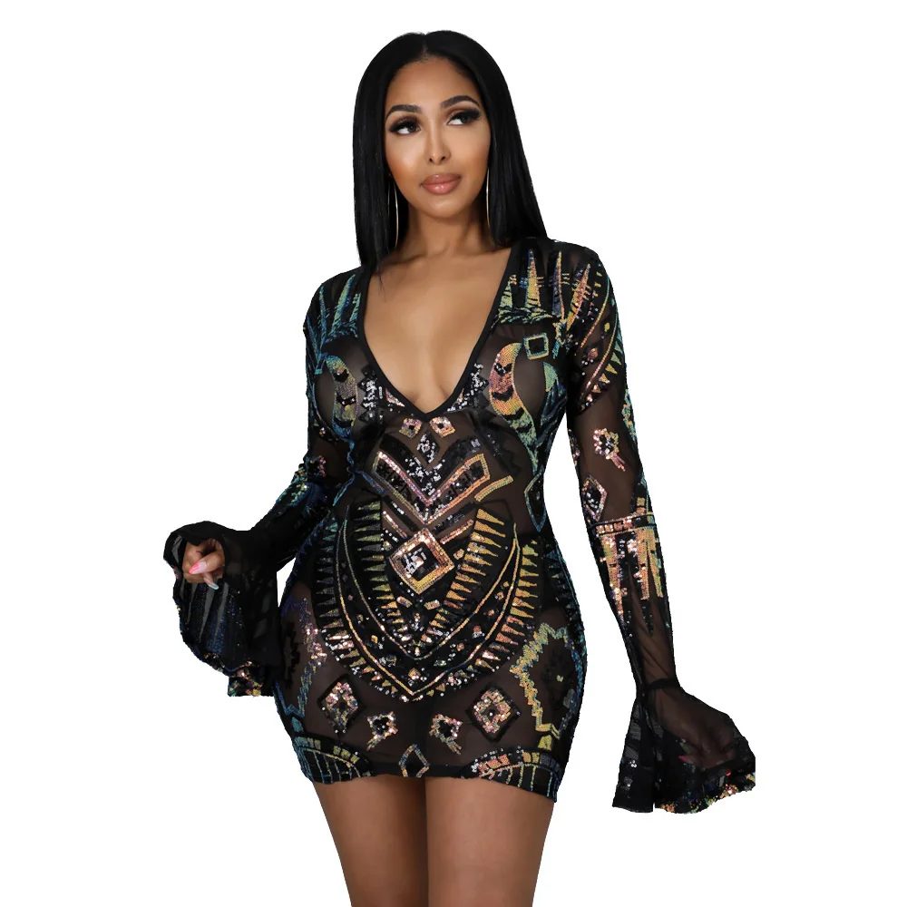 

Znaiml 2022 Клубные мини-платья для женщин, модное платье с длинным рукавом, женская одежда с глубоким V-образным вырезом и блестками, платья, Осен...