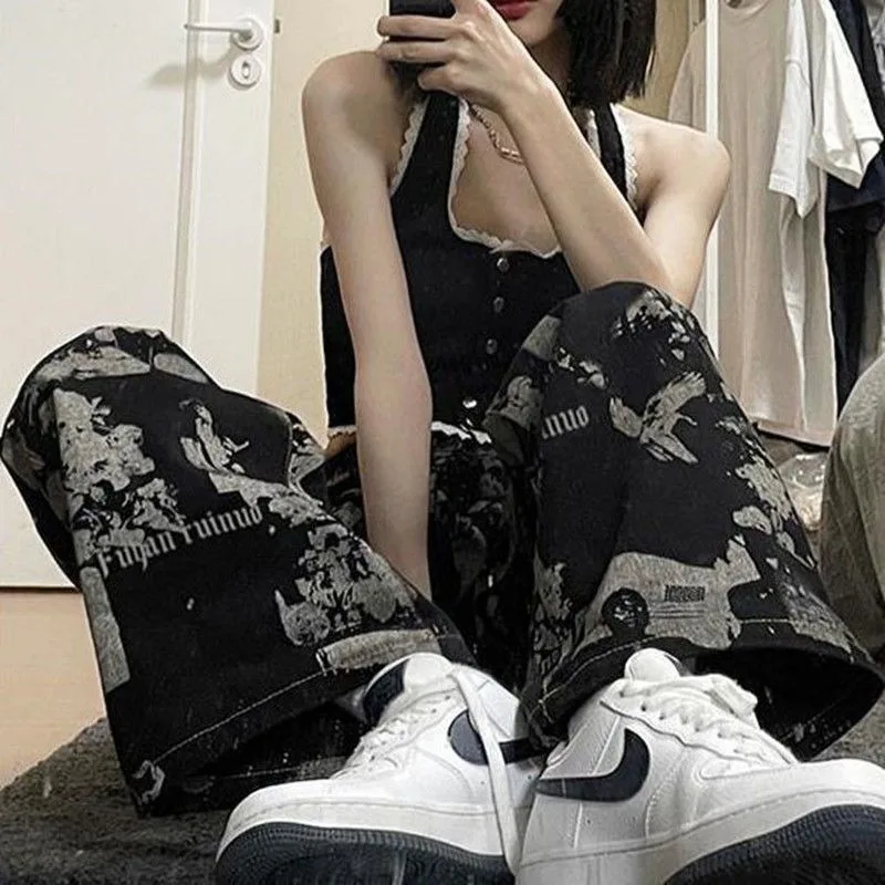 Deeptown Cyber Y2k Streetwear Jeans Women Denim Grunge Vintage Wide Leg Pants Gothic Gyaru Hippie Oversized High Waist Trousers