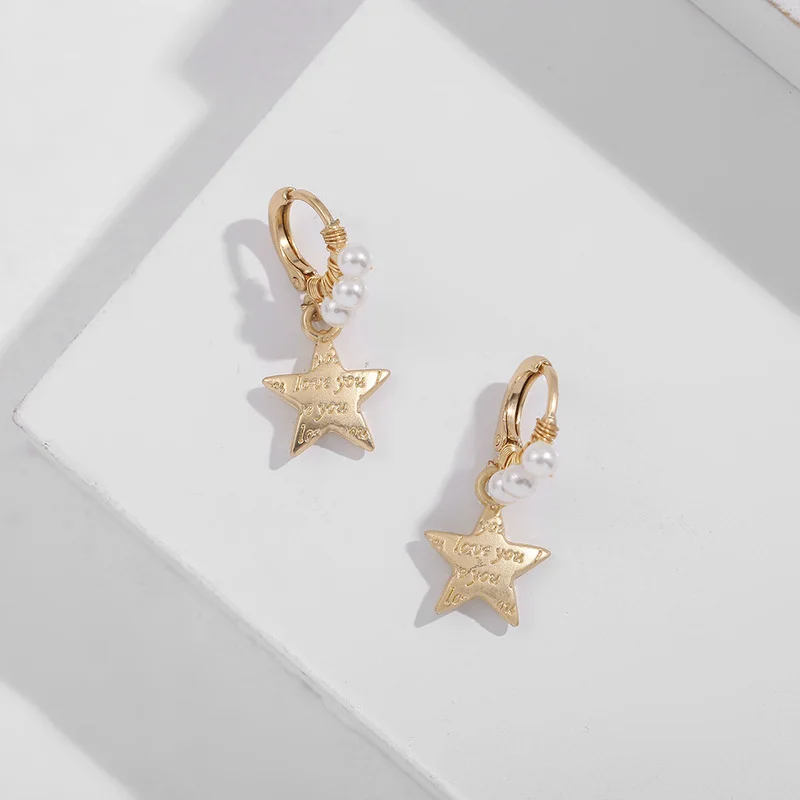 

Minar Korean Simple Letter Painted Star Hoop Earrings for Women Gold Color Metallic Geometric Pearls Beaded Hanging Earrings