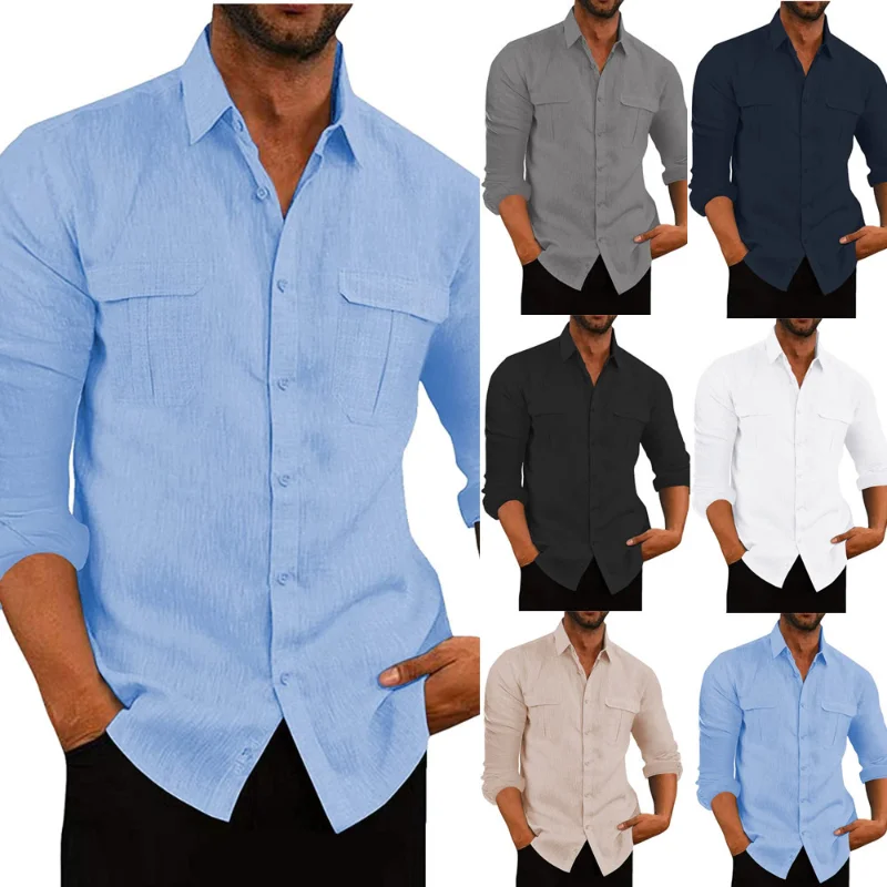 

Men Clothing 2022 European and American Men's Shirt Double Pocket Cotton Long-sleeved Shirt Casual Vacation Shirt 6 Color