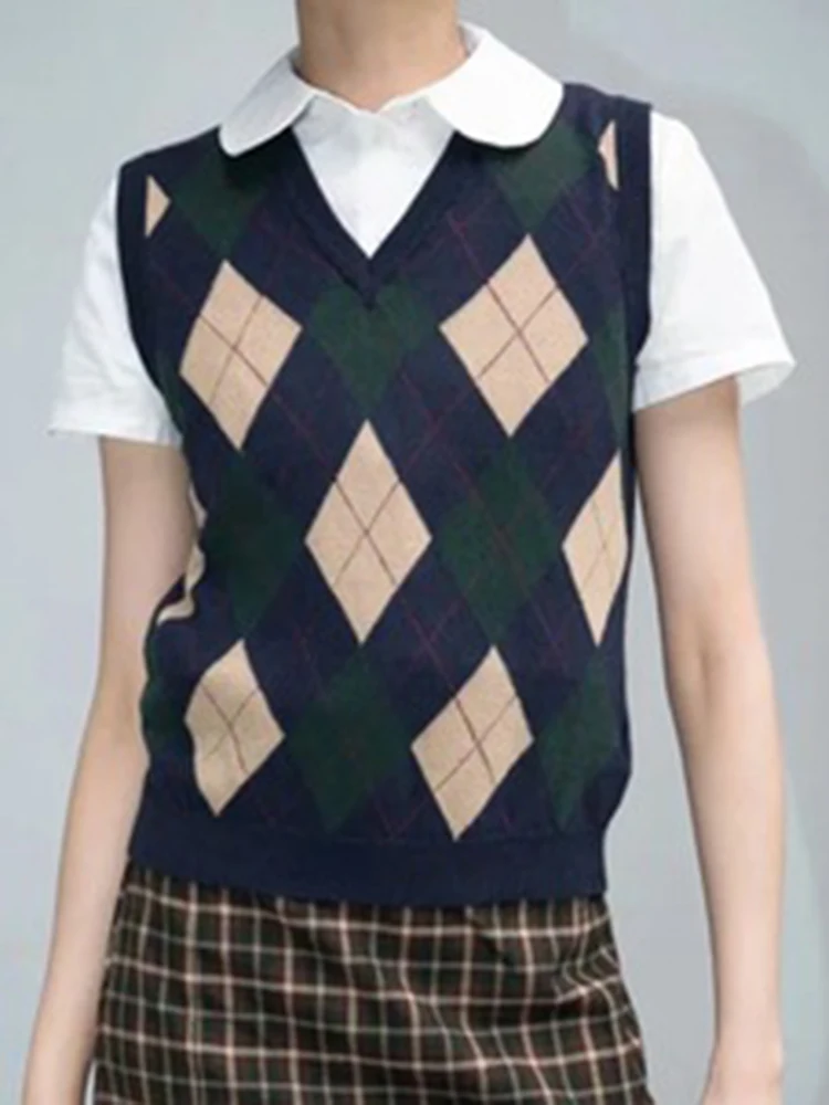 Клетчатый вязаный облегающий свитер жилет Женский Осенний мягкий хлопковый