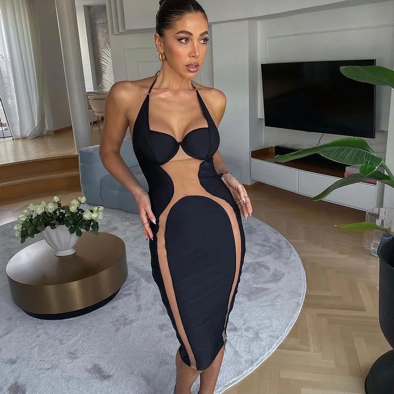 

Zoctuo Mesh Patchwork Women Lace Up Halter Midi Dress Bodycon Sexys Treetwear Party Club See Through 2022 Spring Summer Clothes