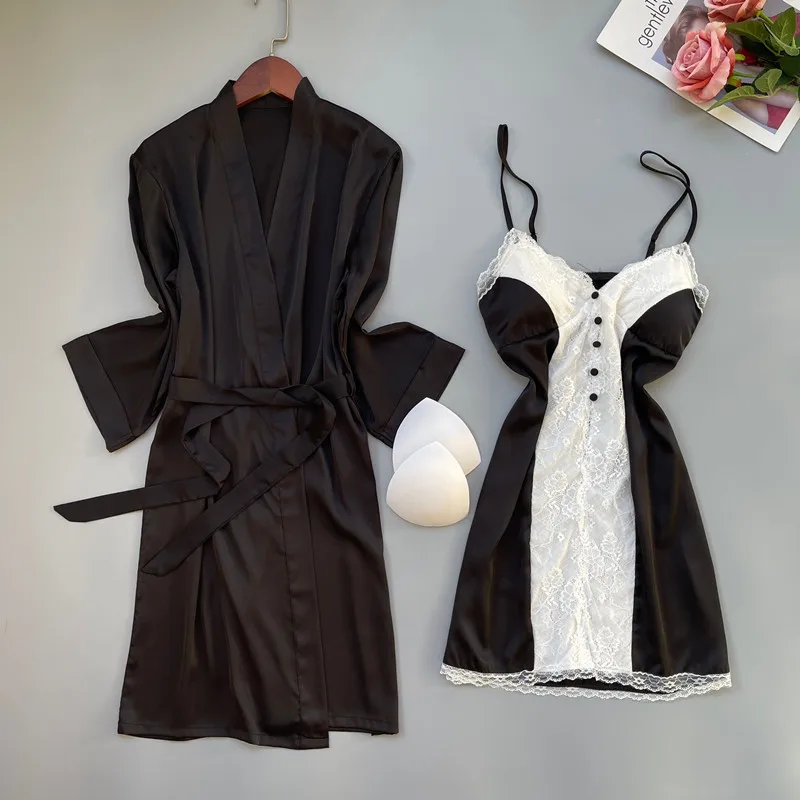 

Sexy Female Twinset Robe Set Sleepwear Spring Summer Silk Satin Wedding Bathrobe Gown Casual Patchwork Lace Nightdress Home Wear