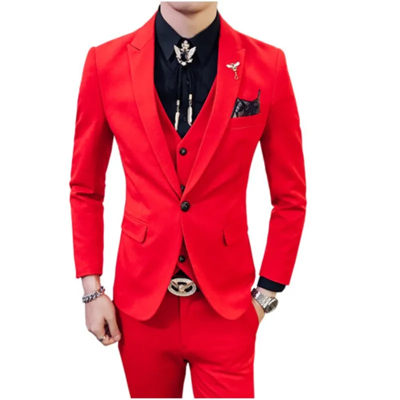 Костюм облегающий мужской красный корейский пиковый отворот на одной пуговице