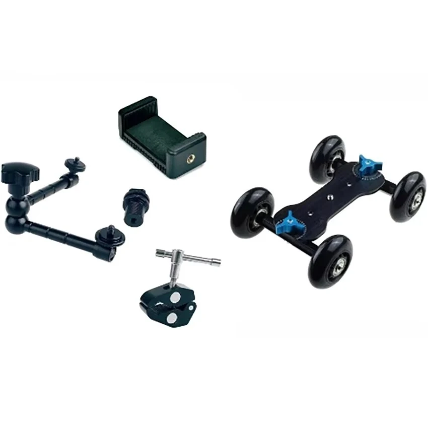 Фото 4-колесный настольный мобильный Rolling Slider Dolly Car с комплектом крепления для смартфона, резьбой 1/4 и 3/8 и держателем для телефона №2