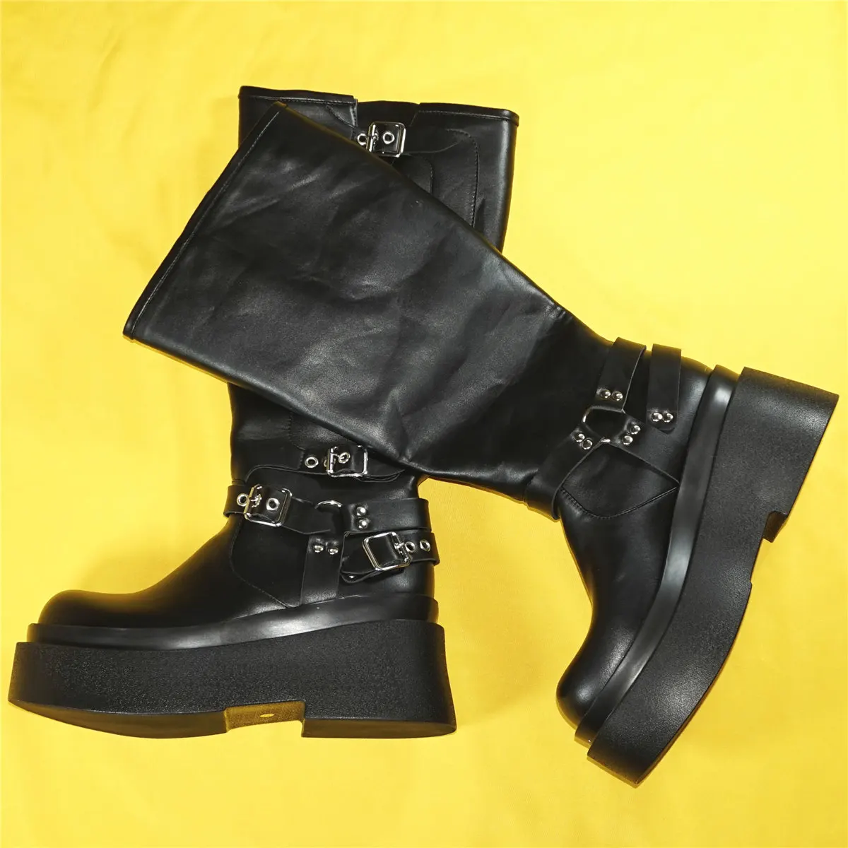 Black Chunky Platform Pumps Shoes Women Pull On Wedges High Heel Knee High Boots Female Round Toe Fashion Sneakers Casual Shoes