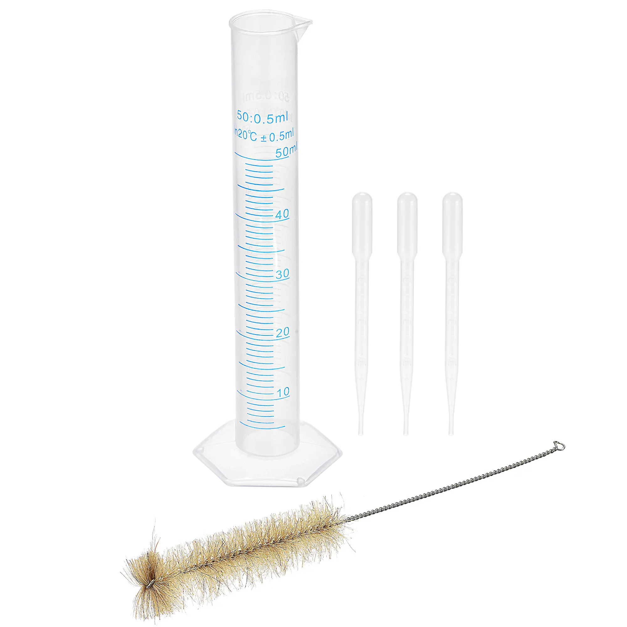 

Plastic Graduated Cylinder 50ml Measuring Cylinder with 3 Transfer Pipettes and 1 Brush 5in1 Set Measuring Tools for Science Lab