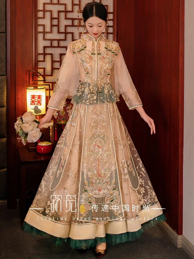 Осеннее тонкое платье Xiuhe цвета шампанского с жемчужинами и блестками свадебное