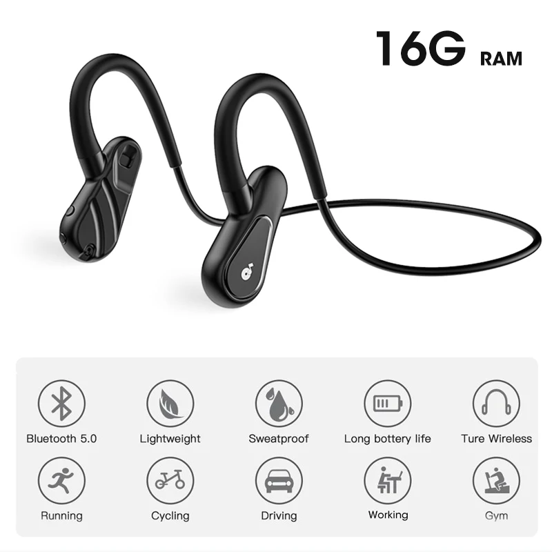 

Bluetooth Headphones Wirelss Earphone Ear Hook Sports Headset Built-In 16G RAM Memory Card Running Cycling Mic Wireless Headset