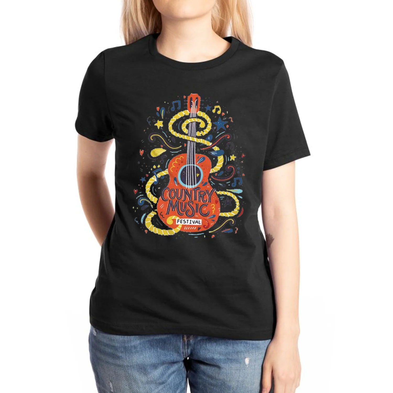 100% bawełna oddychająca koszulka damska z okrągłym dekoltem nadruk gitarą kreskówkową na co dzień w stylu dojeżdżającym do pracy 2024