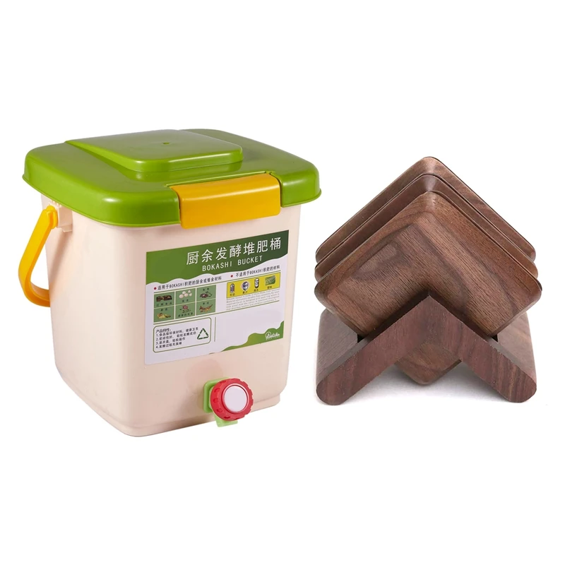 

1 Pcs 12L Compost Bin Recycle Trash Can Food Waste Bins & 1 Set Natural Wooden Coasters