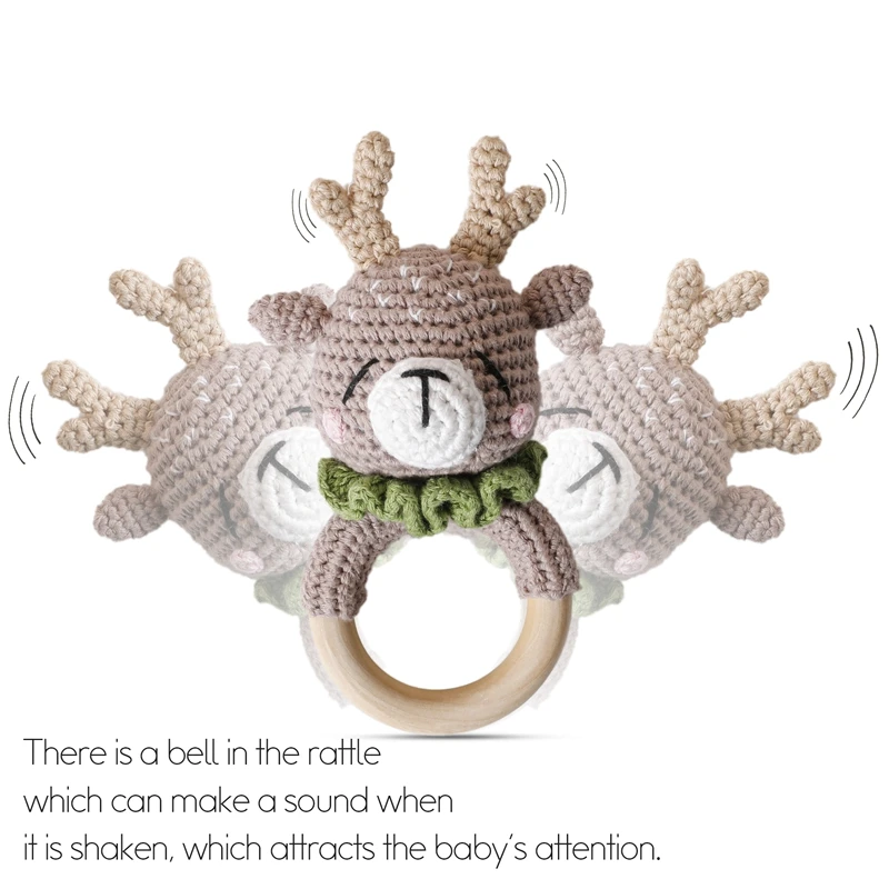 

Wood Ring Baby Teether Wooden Crochet Animal Elk Rattle Toy BPA Free Baby Gym Rattles For Newborn Educational Toy Gifts