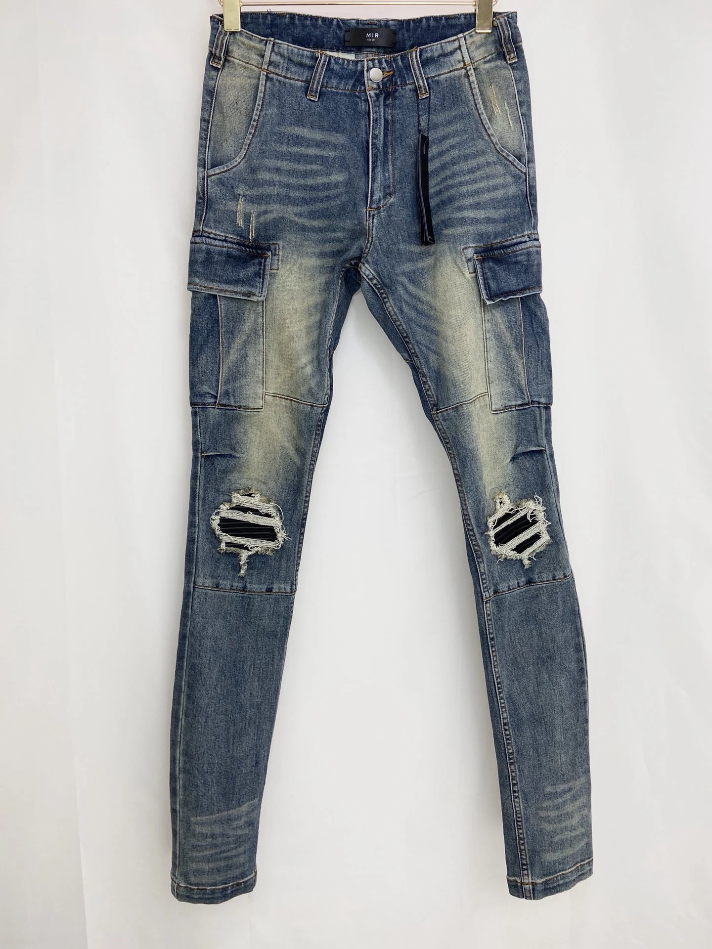 

Best Quality 2021ss AMR Double Pockets Ripped Jeans Men Women Streetwear Cargo Jeans Men Wash Denim Trousers