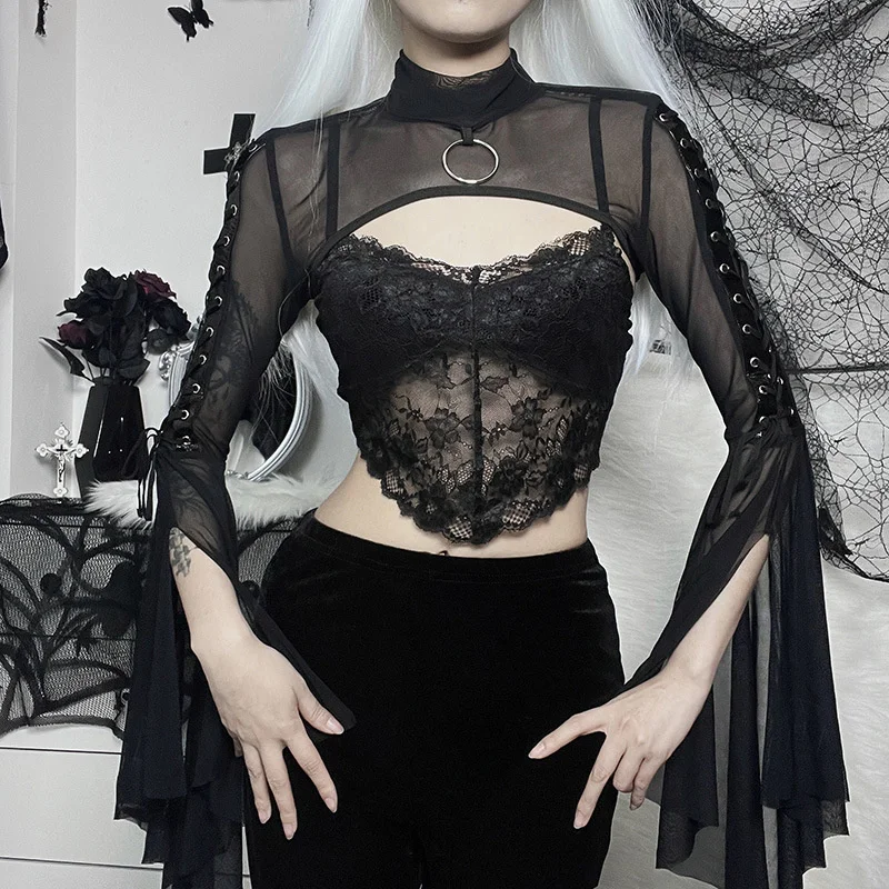 

Rosetic Dark Retro Goth Women Shawl Mesh Lace Patchwork Long Flare Sleeve Half High Collar Gothic Style Lady Shawl Whole Season