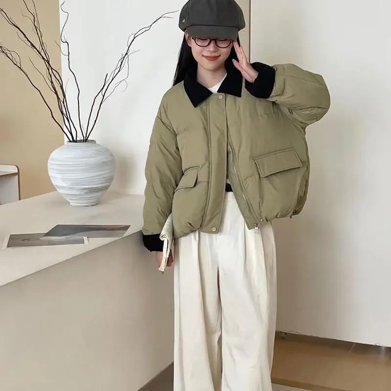 Зима 2024 новый вельветовый короткий пуховик с лацканами женский маленький