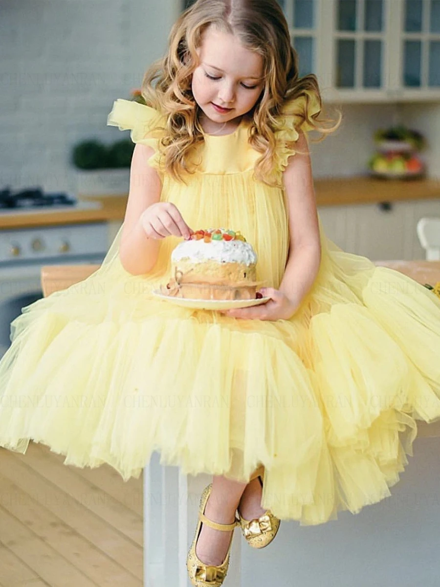 

Yellow Fashion Flower Girl Dress Tea-Length Tulle Girl Princess Wedding Party Dress A-Line Cute Puffy First Communion Gown Dress
