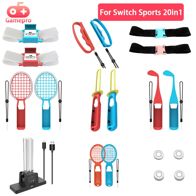 

For Nintendo Switch Sports 20in1 Somatosensory Sports Suit Accessory Part Grip Wrist Strap Lightsaber Tennis Racket With Charger