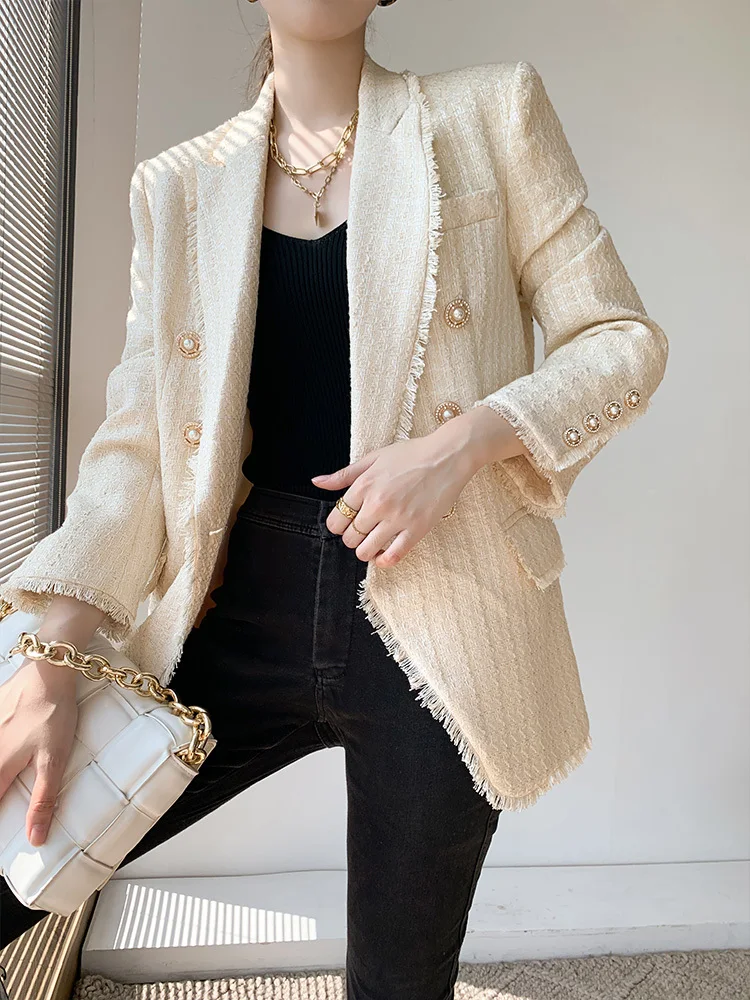 2022 Women Casual Coats Spring Long Sleeve White Tweed Jacket Female Metal Buttons Office Lady Slim Blazers Outerwear