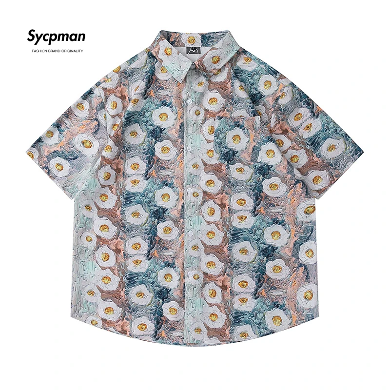 

Рубашка Sycpman мужская с коротким рукавом, модная Свободная Повседневная сорочка в японском стиле с принтом масляных красок, с цветами, летняя одежда